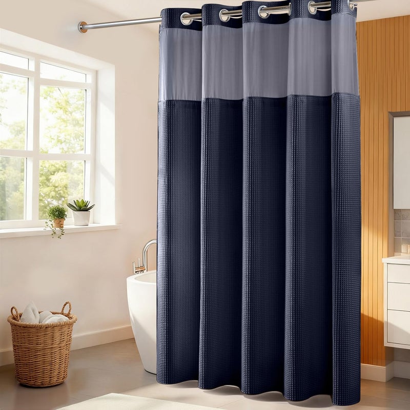 River Dream Navy Blue Fabric Shower Curtain Set, Cotton Blend, Waffle Weave, with Snap in Replacement Linerï¼Œ71 x 86 inches - Image 1